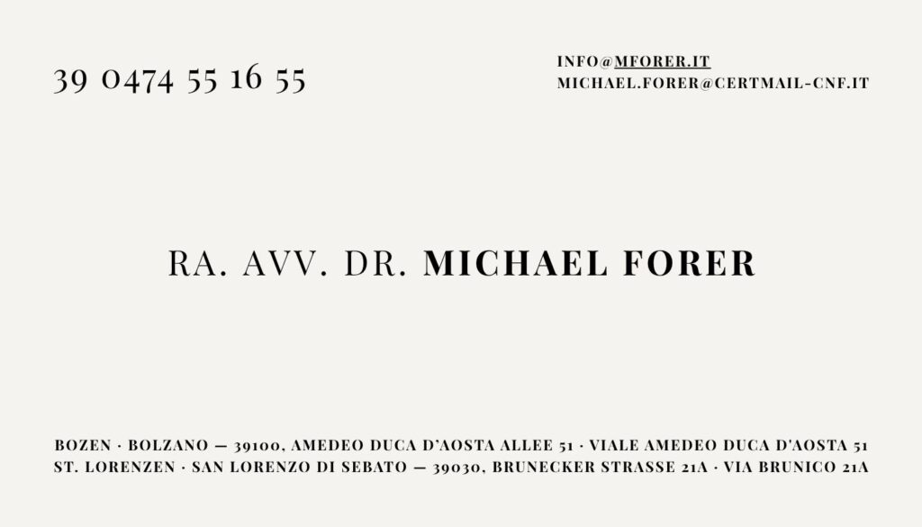Michael Forer Rechtsanwalt Visitenkarte Bozen St Lorenzen Bruneck Zivilrecht FEB Law Südtirol